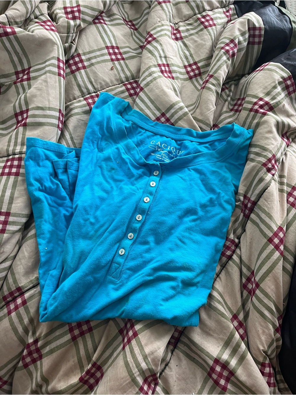 Cacique Bright Turquoise Henley Short Sleeve Tee